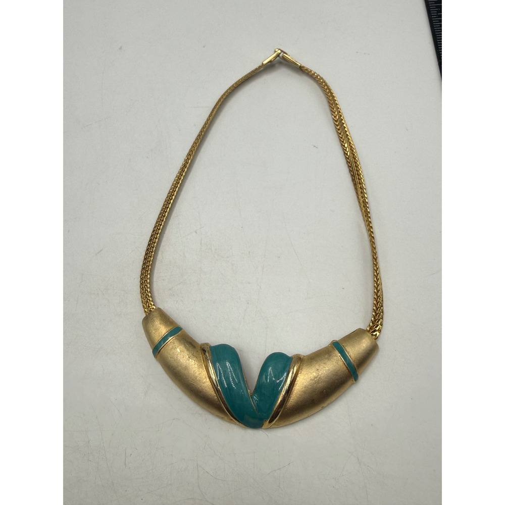 Vintage Gold Tone Teal Enamel Sculptural Bib Statement Necklace 16 Inch